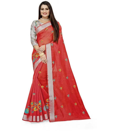 Generic Women's Cotton Silk Embroidered Saree With Unstitched Blouse 5.5Mtr (Orange)