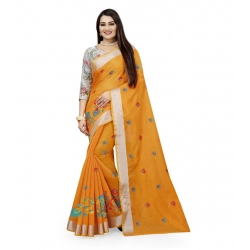 Generic Women's Cotton Silk Embroidered Saree With Unstitched Blouse 5.5Mtr (Yellow)