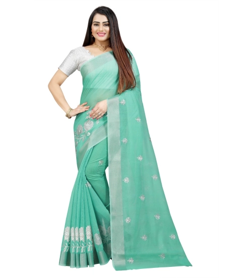 Generic Women's Cotton Silk Embroidered Saree With Unstitched Blouse 5.5Mtr (Light Green)