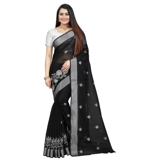Generic Women's Cotton Silk Embroidered Saree With Unstitched Blouse 5.5Mtr (Black)