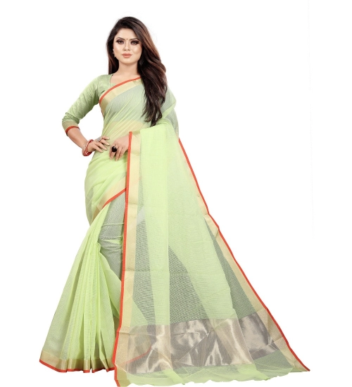 Generic Women's Cotton Silk Checkered Saree With Unstitched Blouse 5.5Mtr (Green)