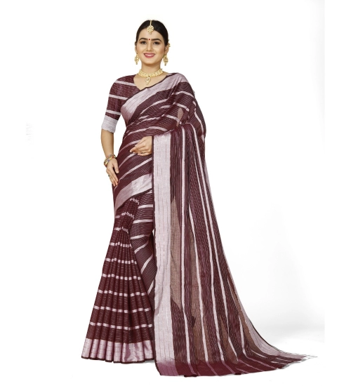Generic Women's Cotton Silk Striped Saree With Unstitched Blouse 5.5Mtr (Maroon)