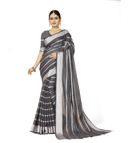 Generic Women's Cotton Silk Striped Saree With Unstitched Blouse 5.5Mtr (Grey)