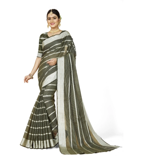 Generic Women's Cotton Silk Striped Saree With Unstitched Blouse 5.5Mtr (Green)