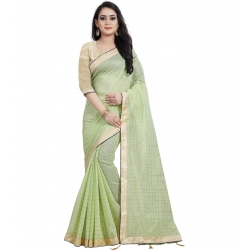 Generic Women's Cotton Silk Checkered Saree With Unstitched Blouse 5.5Mtr (Light Green)