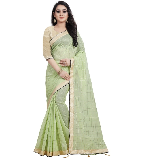 Generic Women's Cotton Silk Checkered Saree With Unstitched Blouse 5.5Mtr (Light Green)