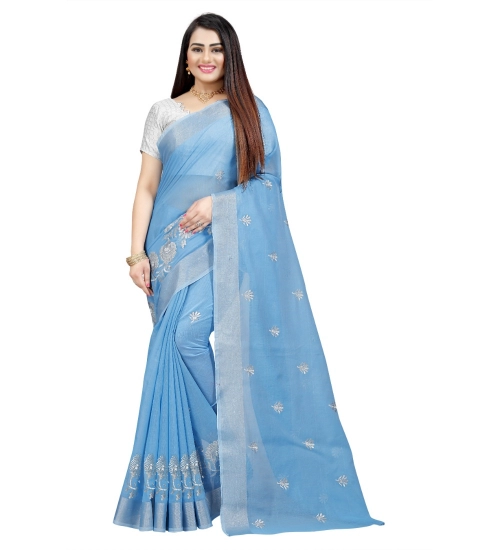 Generic Women's Cotton Silk Embroidered Saree With Unstitched Blouse 5.5Mtr (Light Blue)