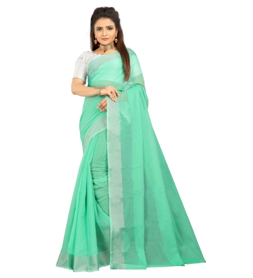 Generic Women's Cotton Silk Self Design Saree With Unstitched Blouse 5.5Mtr (Green)