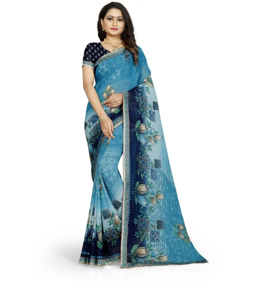 Generic Women's Georgette Floral Print Saree With Unstitched Blouse 5.5Mtr (Light Blue)