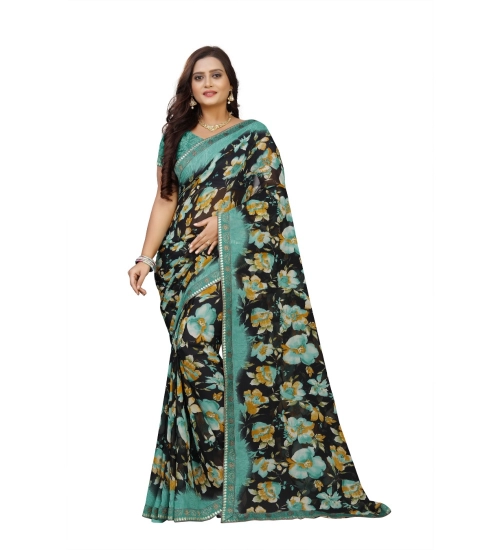 Generic Women's Georgette Floral Print Saree With Unstitched Blouse 5.5Mtr (Blue-Black)