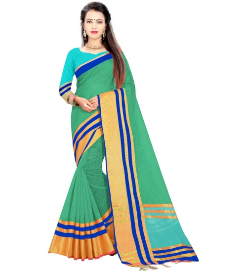 Generic Women's Jacquard Striped Saree With Unstitched Blouse 5.5Mtr (Green)
