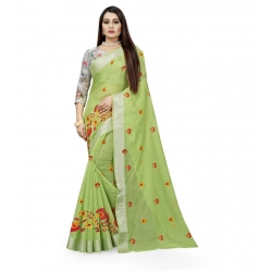 Generic Women's Cotton Silk Embroidered Saree With Unstitched Blouse 5.5Mtr (Light Green)