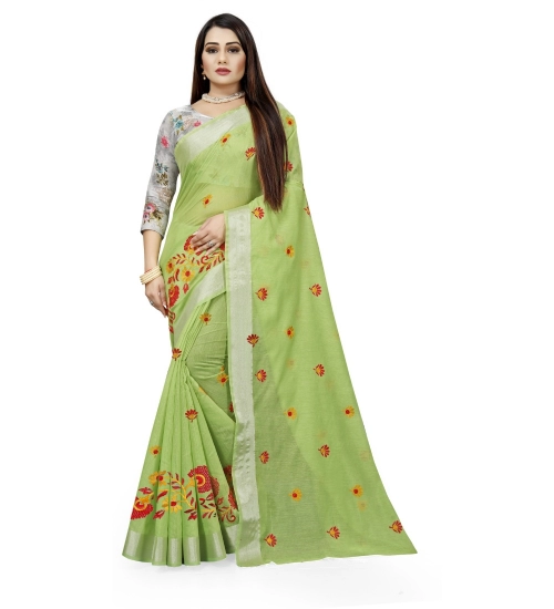 Generic Women's Cotton Silk Embroidered Saree With Unstitched Blouse 5.5Mtr (Light Green)