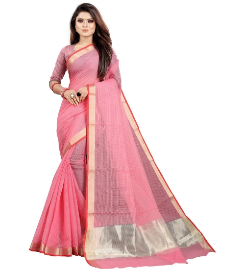 Generic Women's Cotton Silk Checkered Saree With Unstitched Blouse 5.5Mtr (Pink)