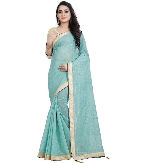 Generic Women's Cotton Silk Checkered Saree With Unstitched Blouse 5.5Mtr (Blue)