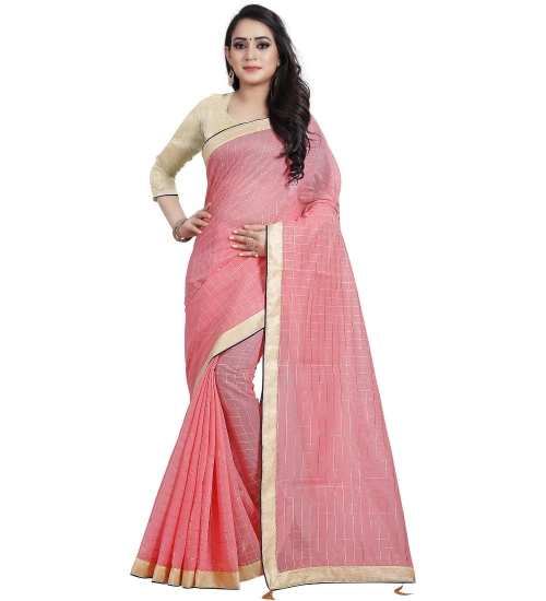 Generic Women's Cotton Silk Checkered Saree With Unstitched Blouse 5.5Mtr (Pink)