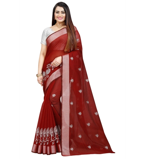 Generic Women's Cotton Silk Embroidered Saree With Unstitched Blouse 5.5Mtr (Maroon)