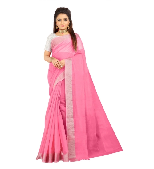 Generic Women's Cotton Silk Self Design Saree With Unstitched Blouse 5.5Mtr (Pink)