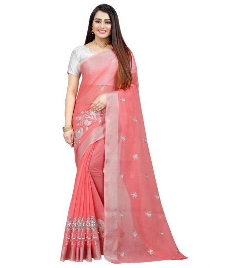 Generic Women's Cotton Silk Embroidered Saree With Unstitched Blouse 5.5Mtr (Pink)