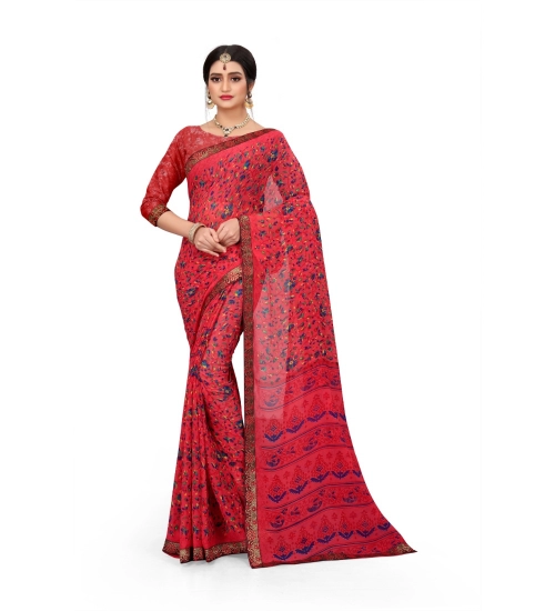 Generic Women's Georgette Floral Print Saree With Unstitched Blouse 5.5Mtr (Red)