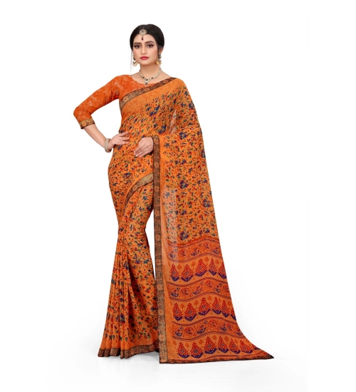Generic Women's Georgette Floral Print Saree With Unstitched Blouse 5.5Mtr (Orange)