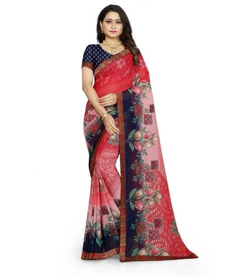 Generic Women's Georgette Floral Print Saree With Unstitched Blouse 5.5Mtr (Red-Blue)