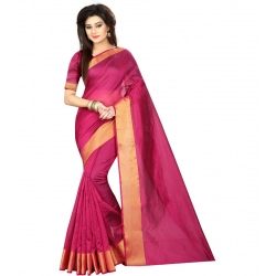 Generic Women's Cotton Silk Solid/Plain Saree With Unstitched Blouse 5.5Mtr (Pink)