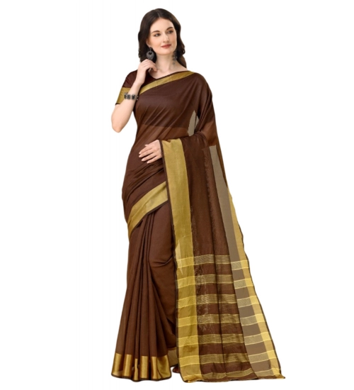 Generic Women's Cotton Silk Striped Saree With Unstitched Blouse 5.5Mtr (Brown)