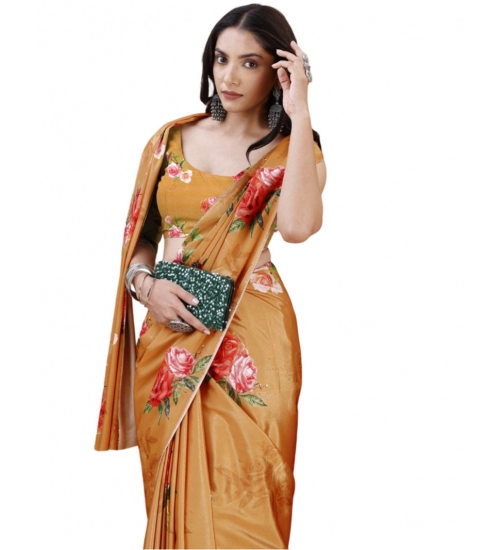 Generic Women's Crepe Digital Print Saree With Unstitched Blouse 5.5Mtr (Mustard)
