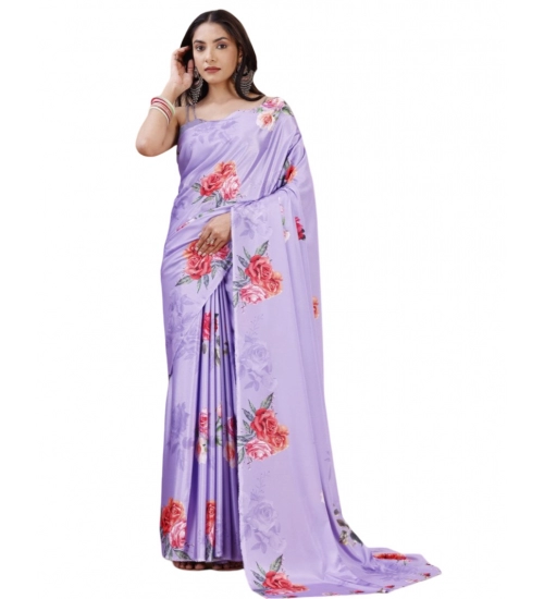 Generic Women's Crepe Digital Print Saree With Unstitched Blouse 5.5Mtr (Purple)