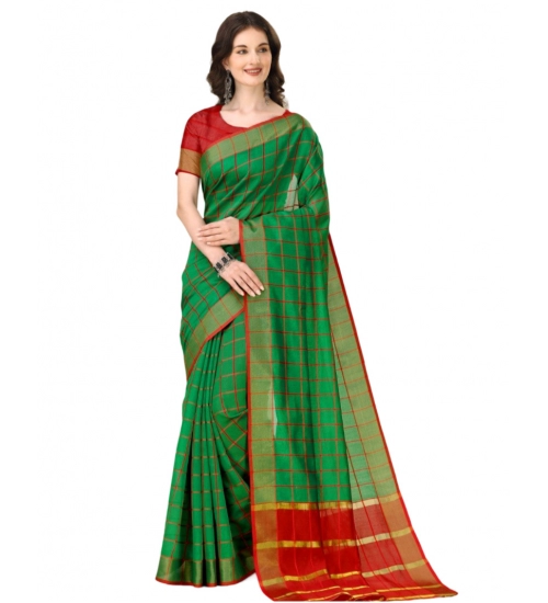 Generic Women's Cotton Silk Checkered Saree With Unstitched Blouse 5.5Mtr (Dark Green)