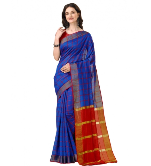 Generic Women's Cotton Silk Checkered Saree With Unstitched Blouse 5.5Mtr (Blue)