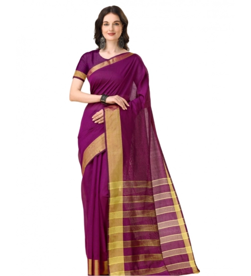 Generic Women's Cotton Silk Striped Saree With Unstitched Blouse 5.5Mtr (Purple)