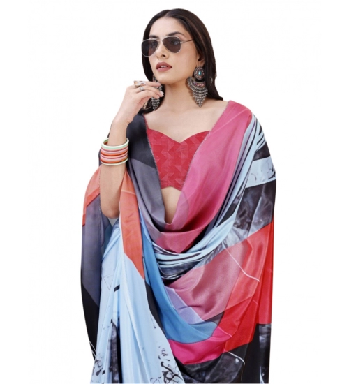 Generic Women's Crepe Digital Print Saree With Unstitched Blouse 5.5Mtr (Light Blue)