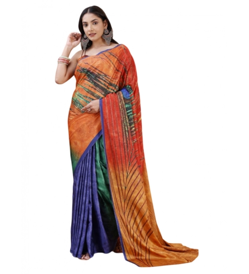 Generic Women's Crepe Digital Print Saree With Unstitched Blouse 5.5Mtr (Orange)