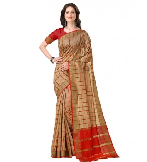 Generic Women's Cotton Silk Checkered Saree With Unstitched Blouse 5.5Mtr (Brown)