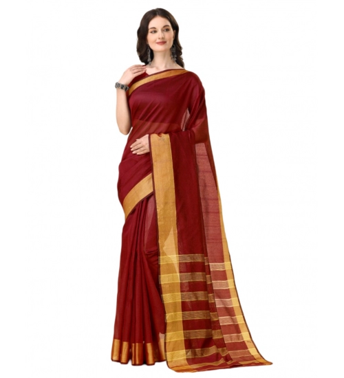 Generic Women's Cotton Silk Striped Saree With Unstitched Blouse 5.5Mtr (Maroon)