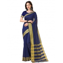 Generic Women's Cotton Silk Striped Saree With Unstitched Blouse 5.5Mtr (Dark Blue)
