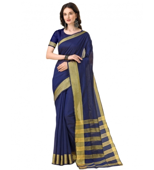 Generic Women's Cotton Silk Striped Saree With Unstitched Blouse 5.5Mtr (Dark Blue)