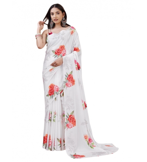 Generic Women's Crepe Digital Print Saree With Unstitched Blouse 5.5Mtr (Cream)