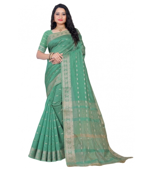 Generic Women's Silk Blend Woven Saree With Unstitched Blouse 5.5Mtr (Dark Green)
