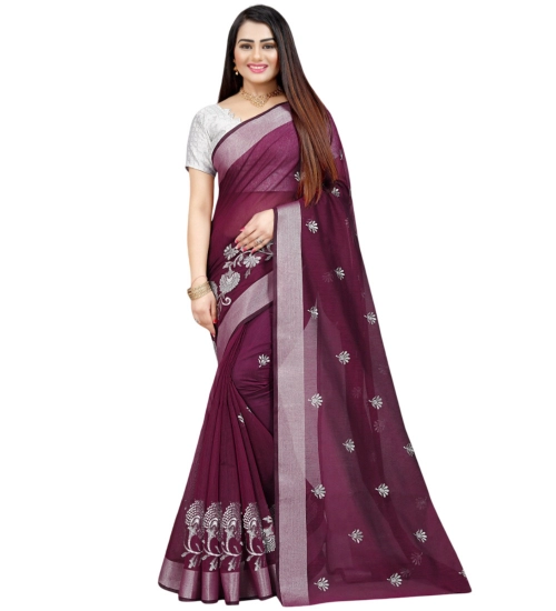 Generic Women's Cotton Silk Embroidered Saree With Unstitched Blouse 5.5Mtr (Purple)