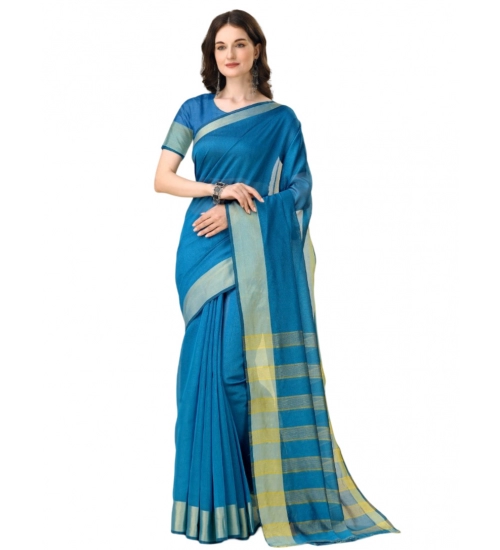 Generic Women's Cotton Silk Striped Saree With Unstitched Blouse 5.5Mtr (Light Blue)