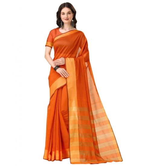 Generic Women's Cotton Silk Striped Saree With Unstitched Blouse 5.5Mtr (Orange)