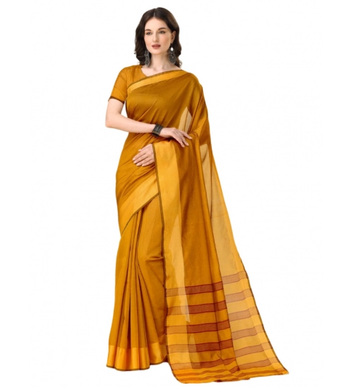 Generic Women's Cotton Silk Striped Saree With Unstitched Blouse 5.5Mtr (Mustard)