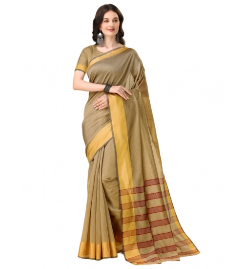 Generic Women's Cotton Silk Striped Saree With Unstitched Blouse 5.5Mtr (Cream)