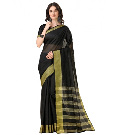 Generic Women's Cotton Silk Striped Saree With Unstitched Blouse 5.5Mtr (Black)