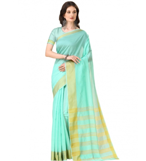 Generic Women's Cotton Silk Striped Saree With Unstitched Blouse 5.5Mtr (Blue)
