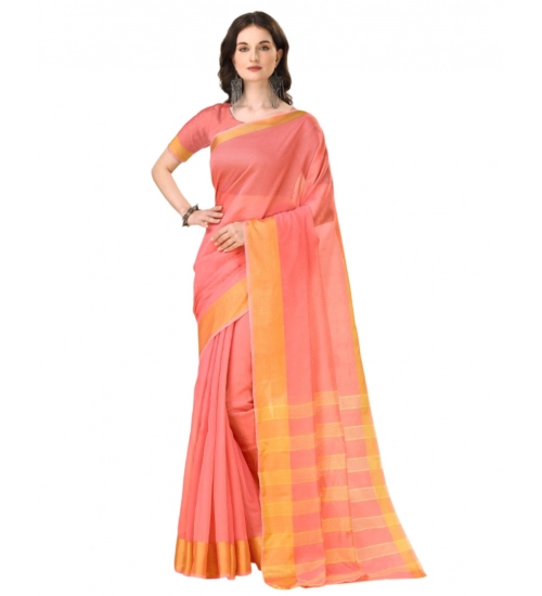 Generic Women's Cotton Silk Striped Saree With Unstitched Blouse 5.5Mtr (Pink)