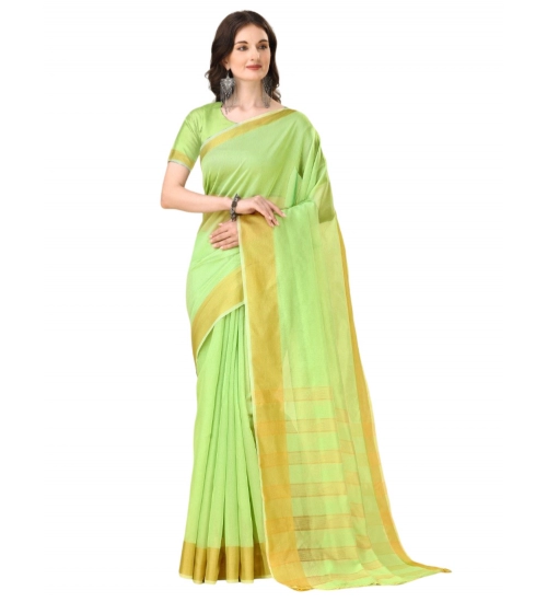 Generic Women's Cotton Silk Striped Saree With Unstitched Blouse 5.5Mtr (Green)
